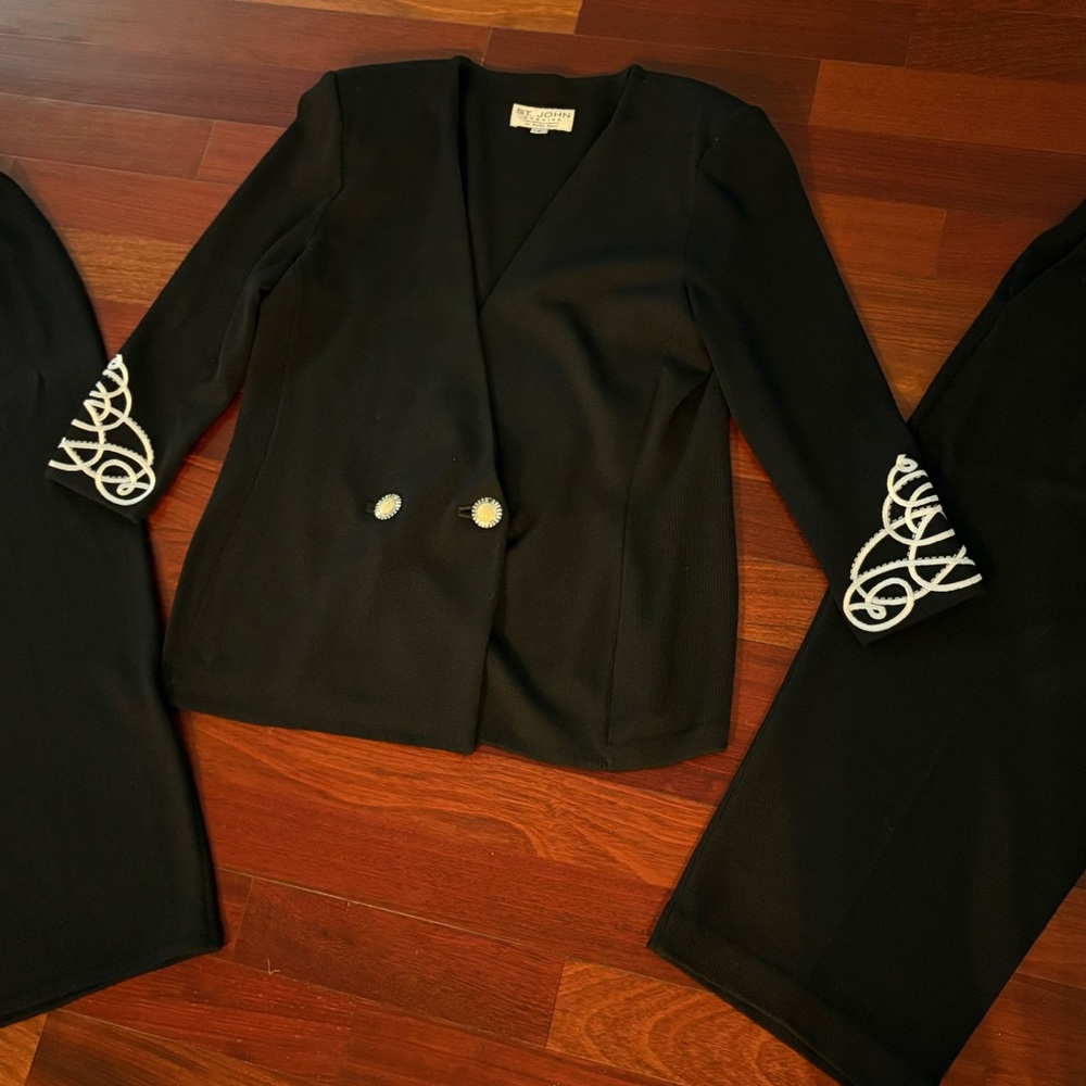 St. John Knit Suit Black 3 Piece Embroidered Jacket Pants & Skirt Size 16 - Picture 15 of 16
